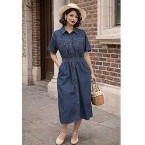 Harvé Benard Vintage Denim Button Front Midi Dress Size 14 Cotton 90s